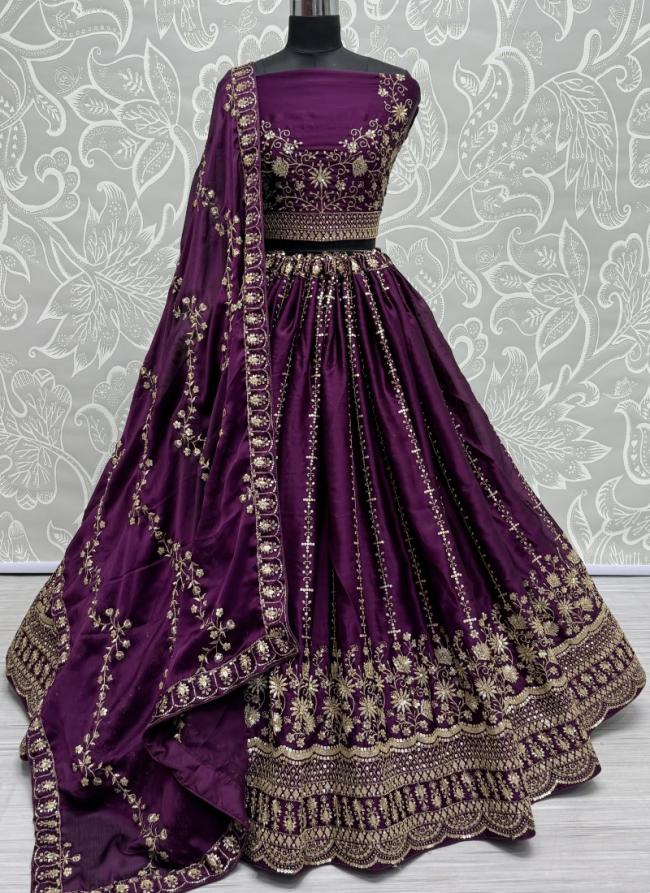 Satin Chiffon Purple Wedding Wear Sequinned Lehenga Choli